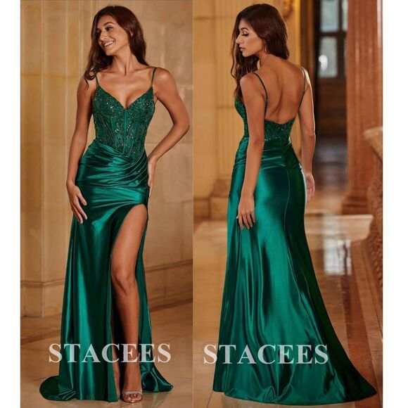 NWT Stacees emerald green gown corset top embroidered lace mesh sheer prom homec - Picture 4 of 16